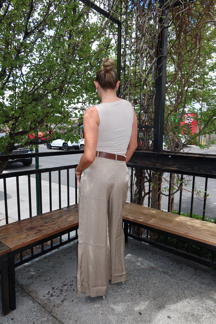 Taupe Satin Pleated Wide-Leg Pants with Belt