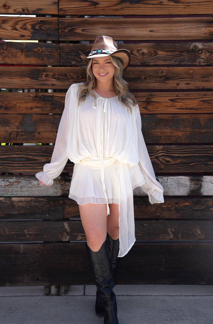 Ivory Crinkle Chiffon Billowy Long Sleeve Mini Dress