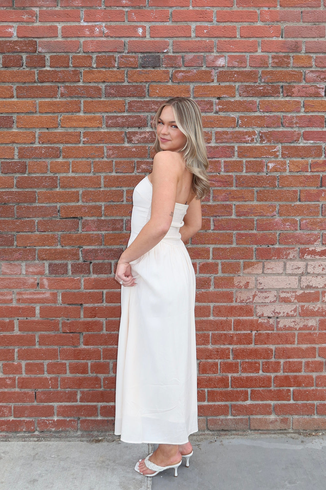 Cream Strapless Lace Trim A-Line Midi Dress