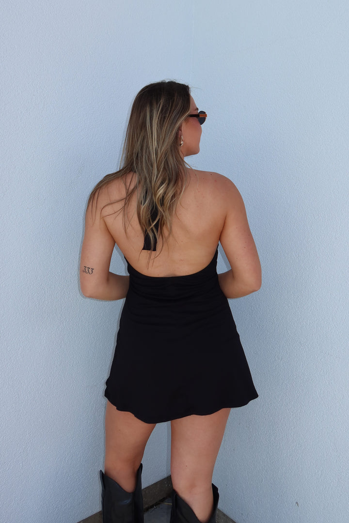 SUNSHINE HALTER MINI DRESS - BLACK