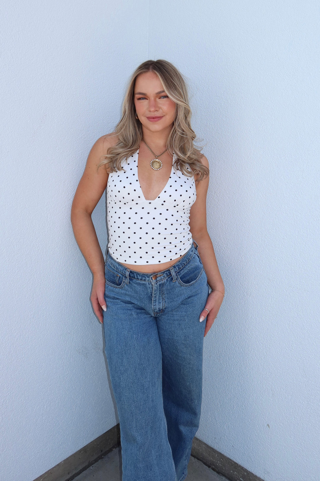 Polka Dot Deep-V Halter Crop Top