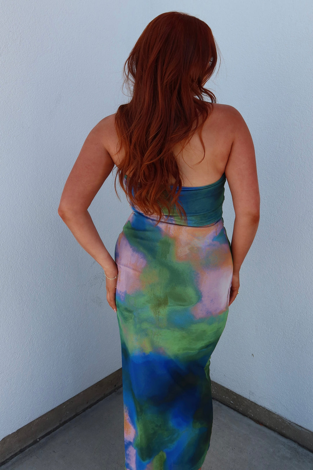 Aurora Watercolor Print Strapless Tube Midi Dress