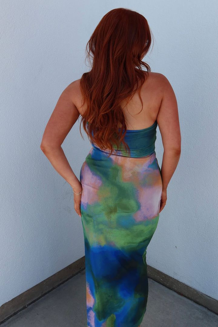Aurora Watercolor Print Strapless Tube Midi Dress