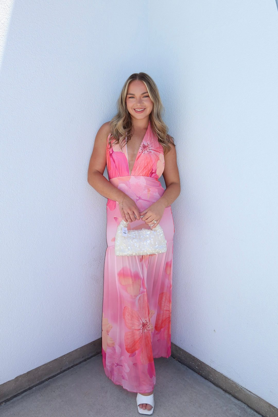 Coral Watercolor Floral Plunge Halter Maxi Dress | The Magnolia