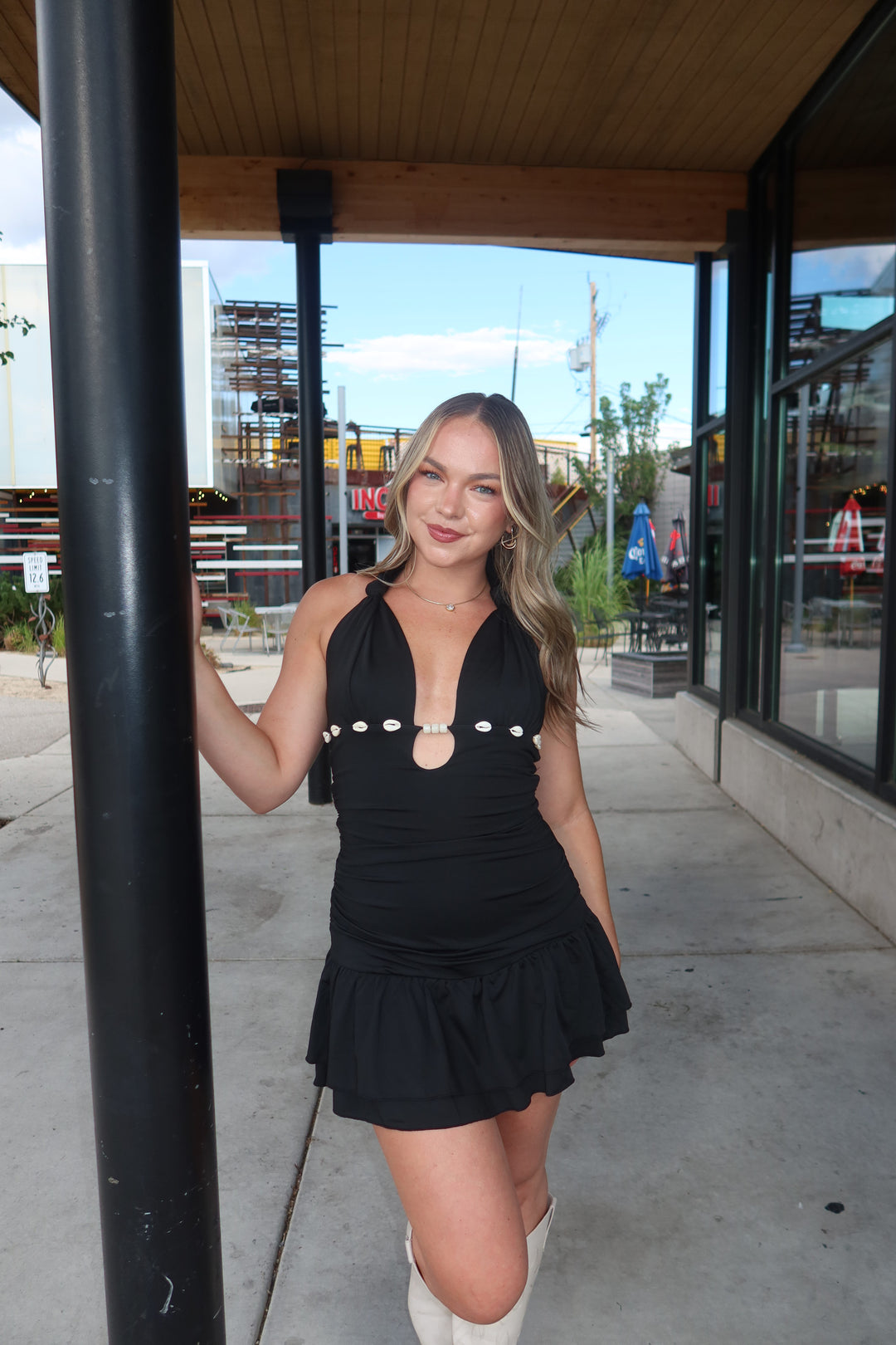 The Shell Halter Ruffle Mini Dress
