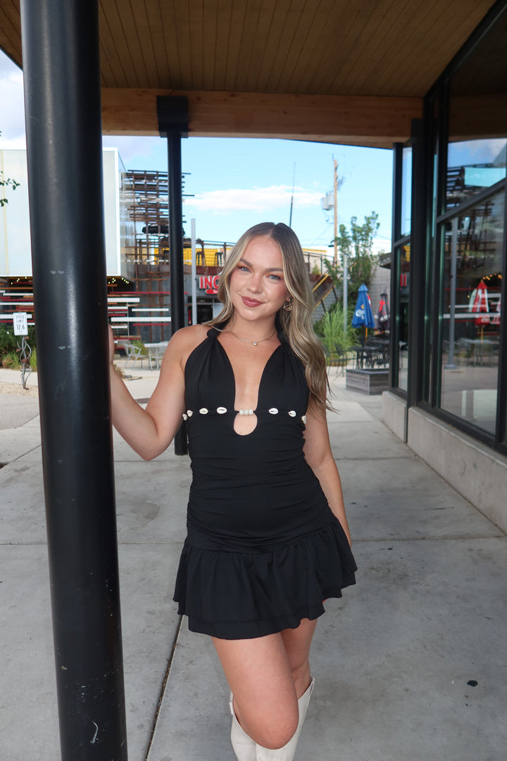 The Shell Halter Ruffle Mini Dress