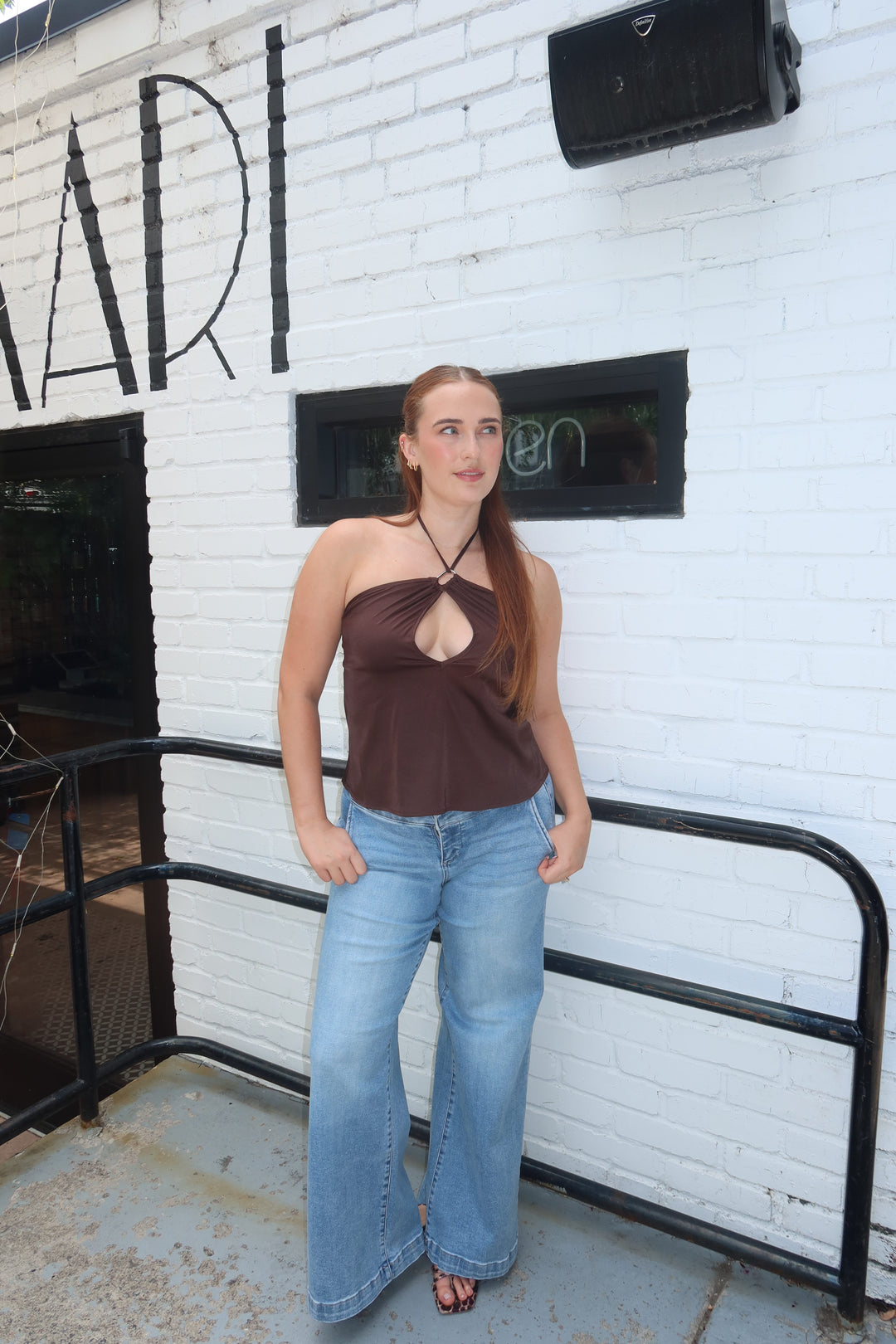 The Zenaye Cut Out Satin Halter Top — Brown