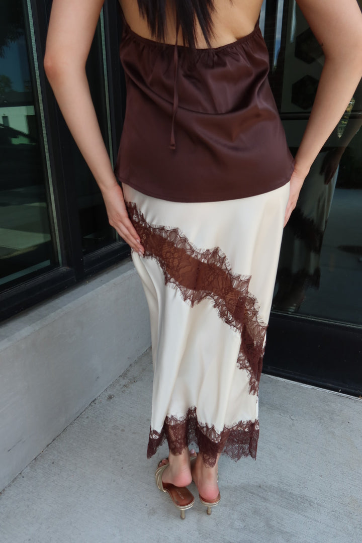 Reynolds Satin Lace Trim Midi Skirt