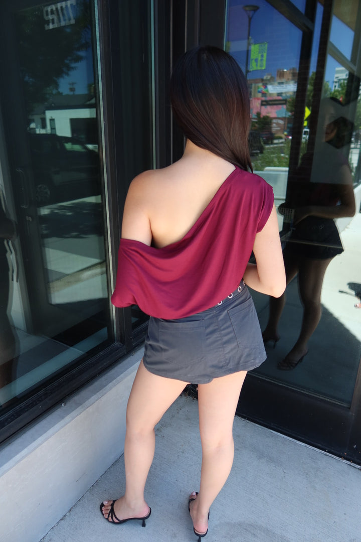 Almeda Asymmetrical Off-Shoulder Top — Burgundy