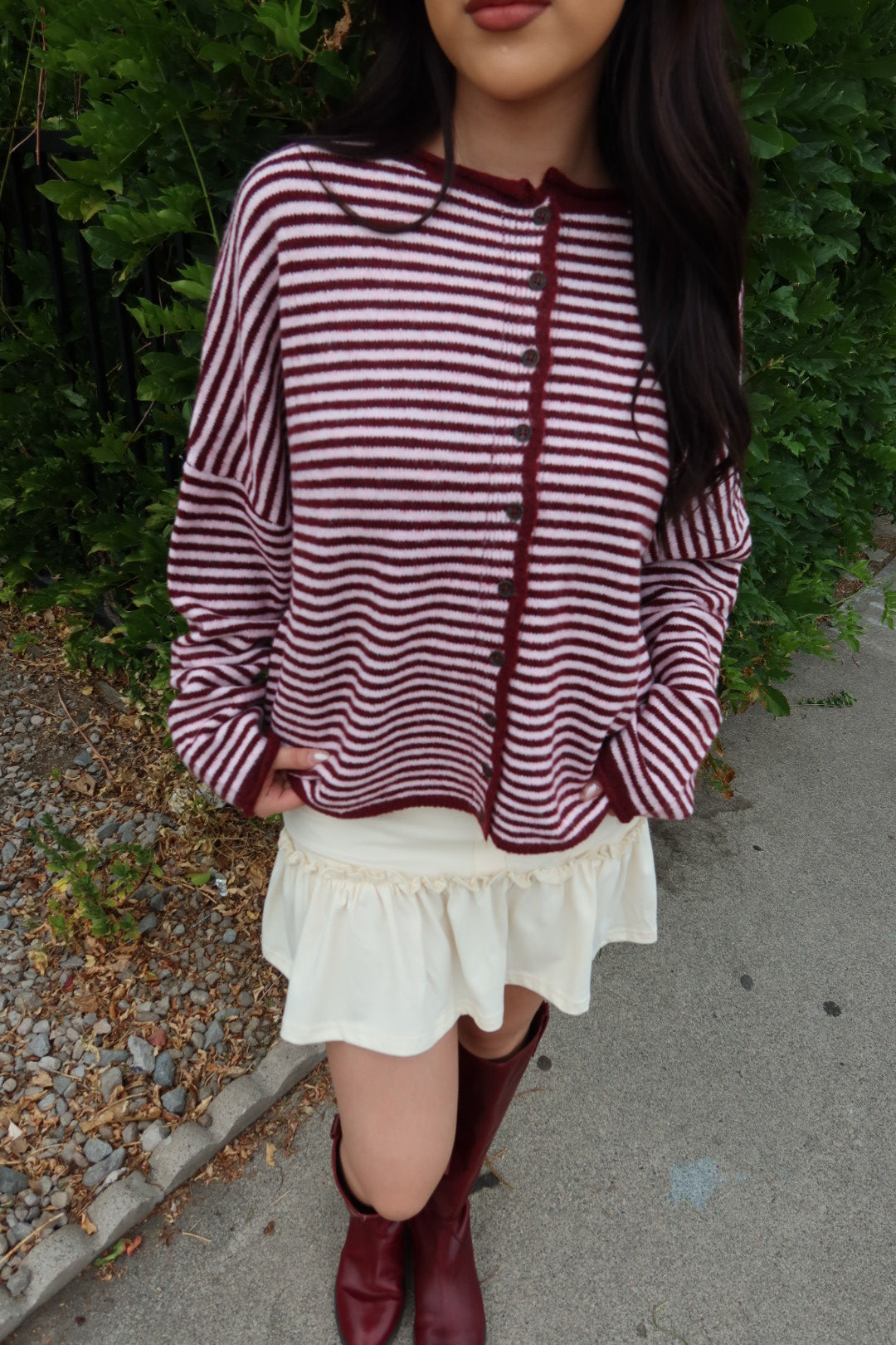 Kiera Striped Long Sleeve Cardigan — Burgundy