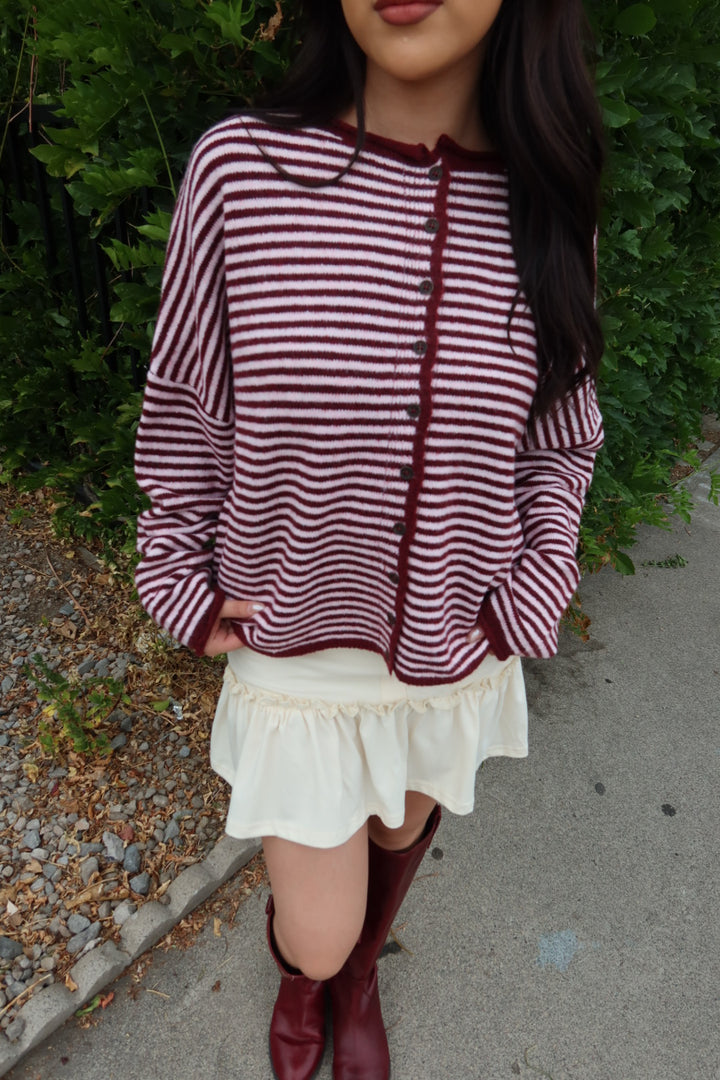 Kiera Striped Long Sleeve Cardigan — Burgundy