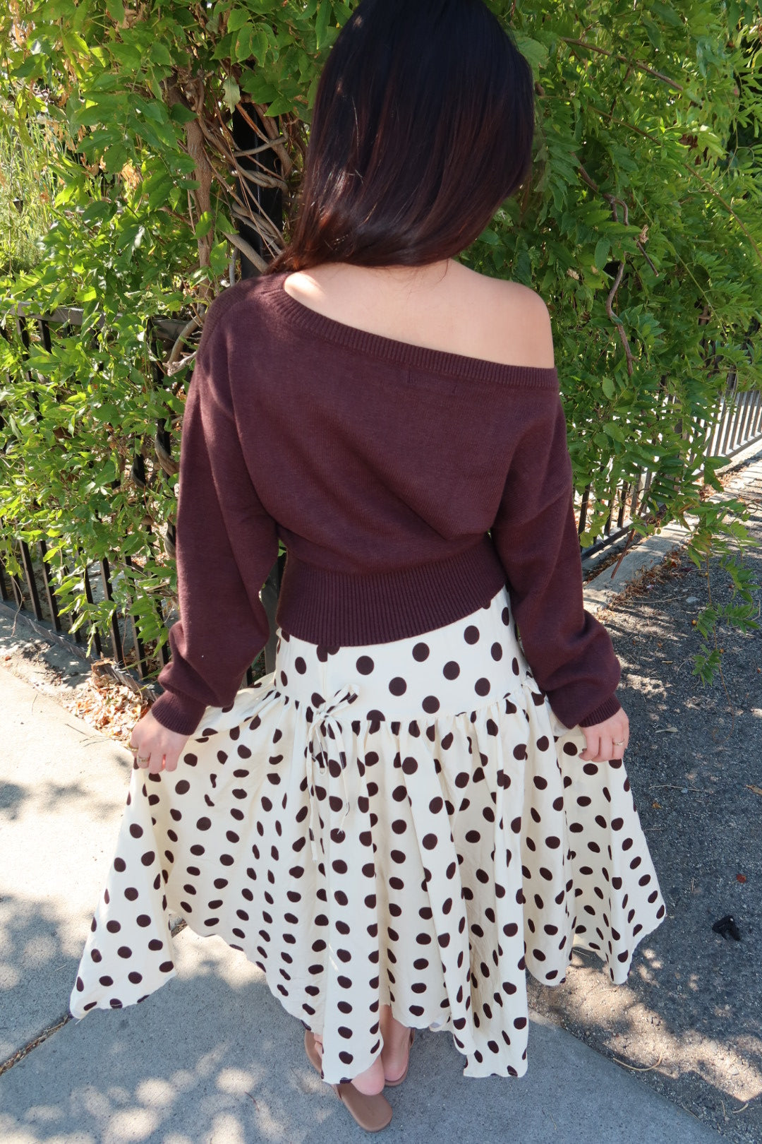 Cielo Polka Dot Drop Waist Midi Skirt