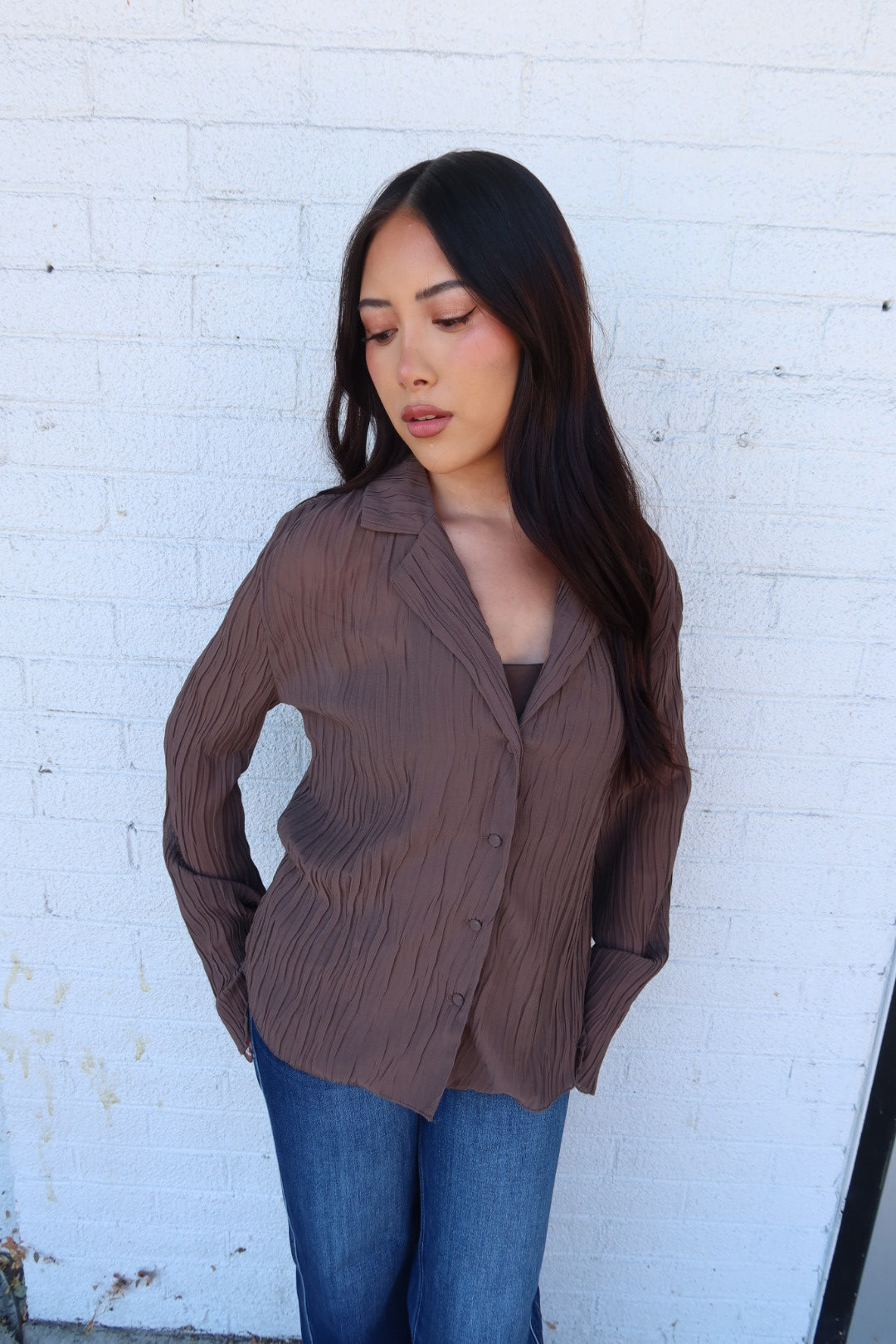Daily Collared Button Down Plisse Top - Brown
