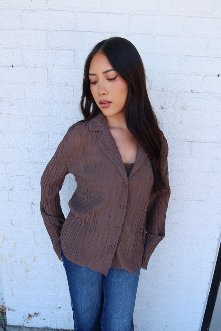 Daily Collared Button Down Plisse Top - Brown