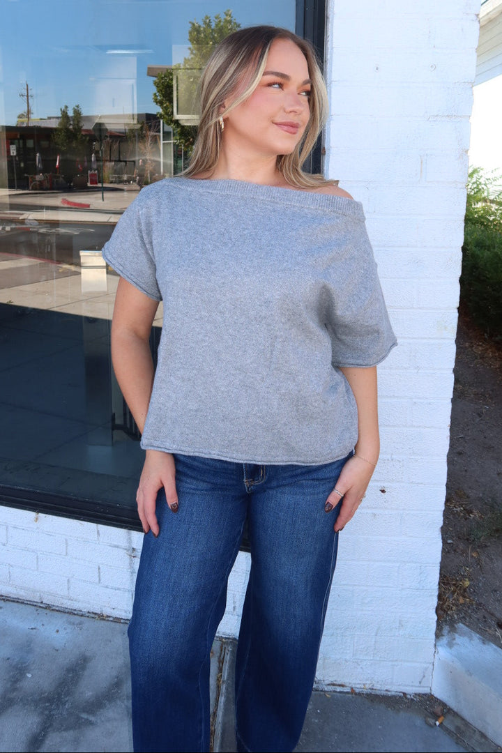Dunes Asymmetrical Boxy Short Sleeve Top - Gray