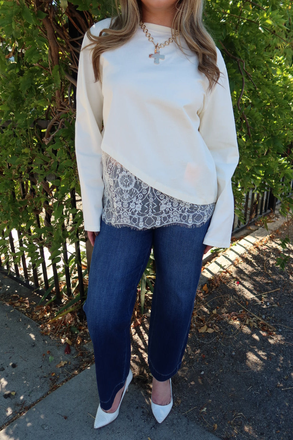 Charlie Asymmetric Lace Trim Top - Cream