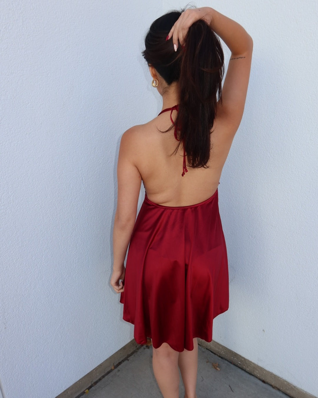 Sylvia Sequin Satin Halter Mini Dress - Burgundy
