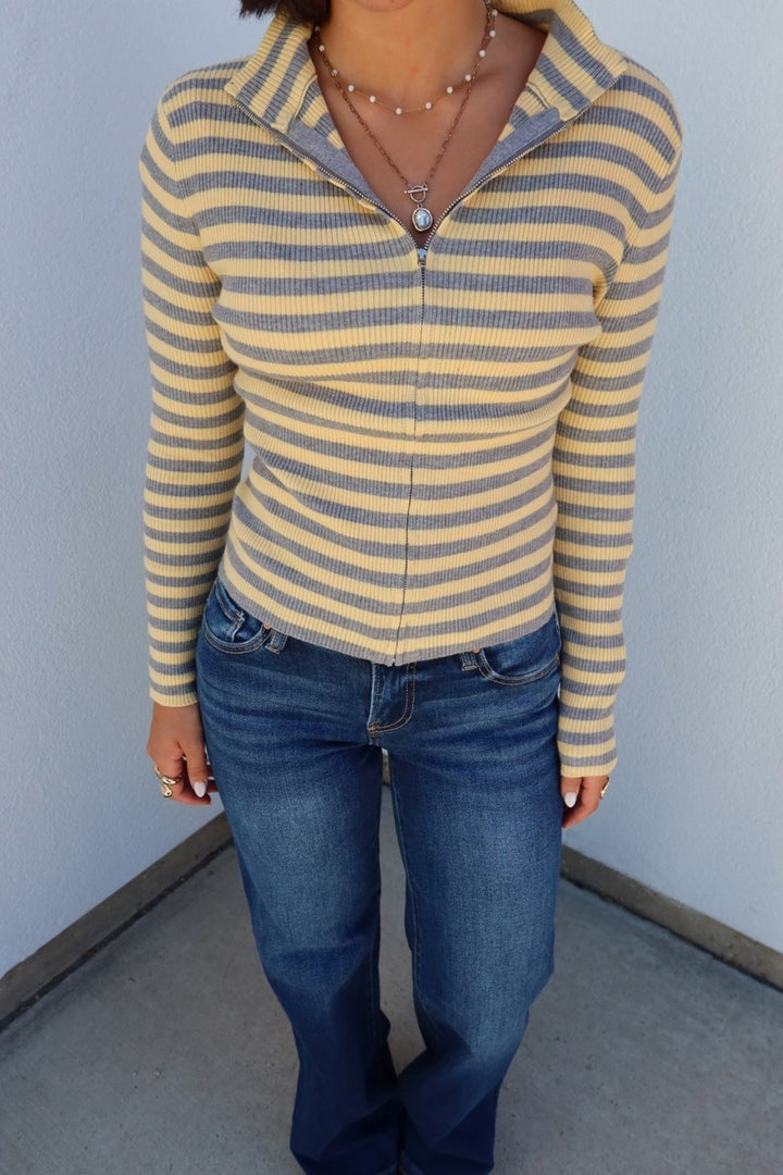 Flinn Striped Funnel Neck Zip-Up Sweater