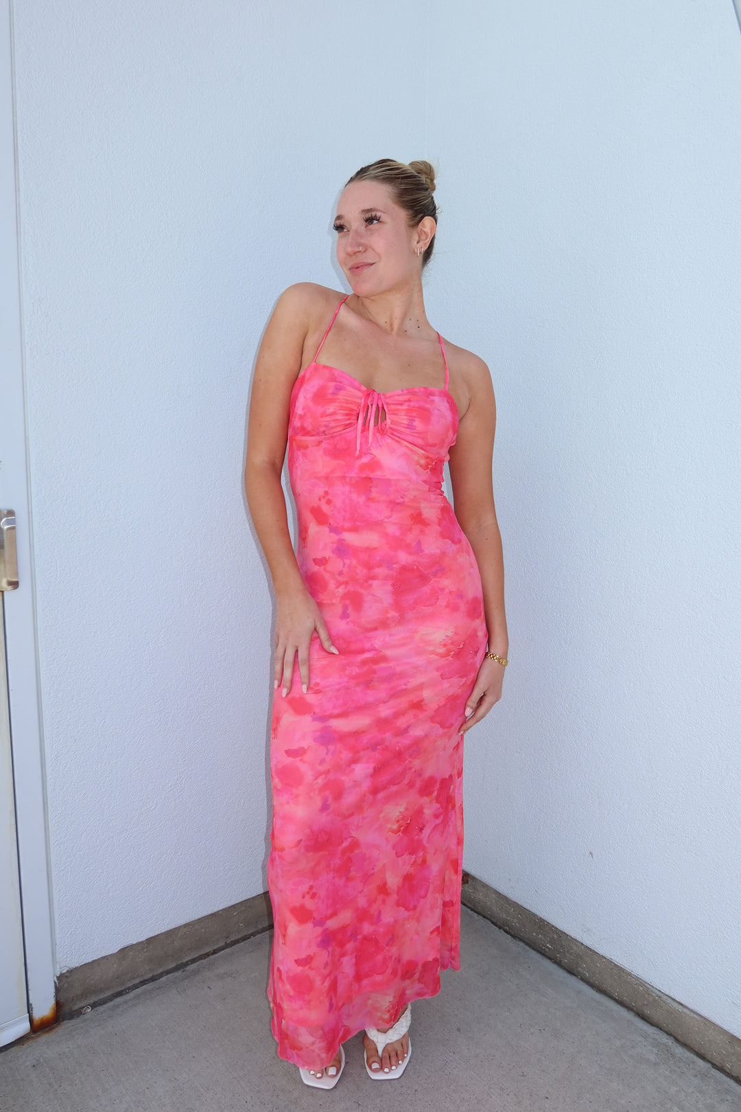 Coral Bloom Ruched Keyhole Mesh Maxi Dress