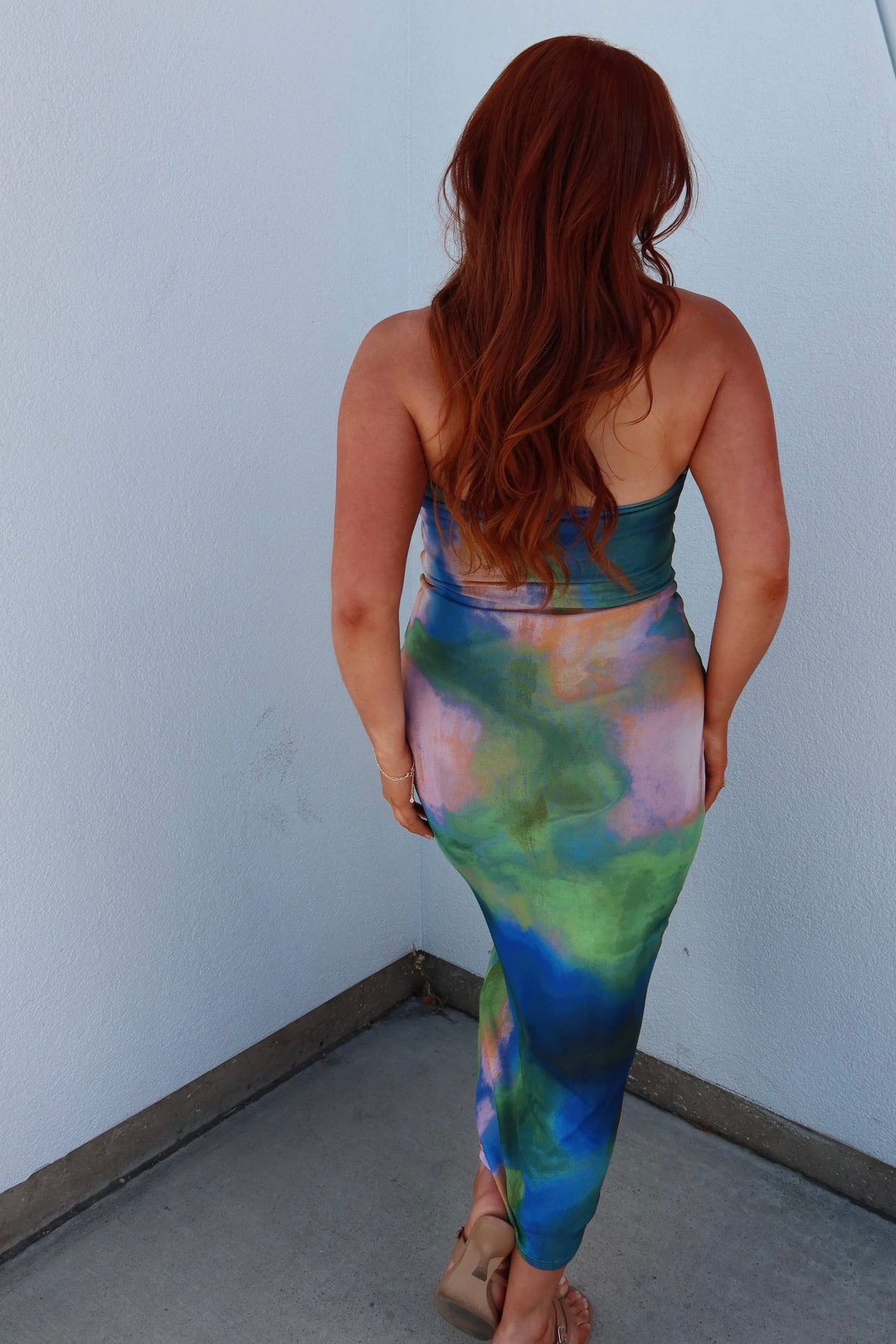 Aurora Watercolor Print Strapless Tube Midi Dress