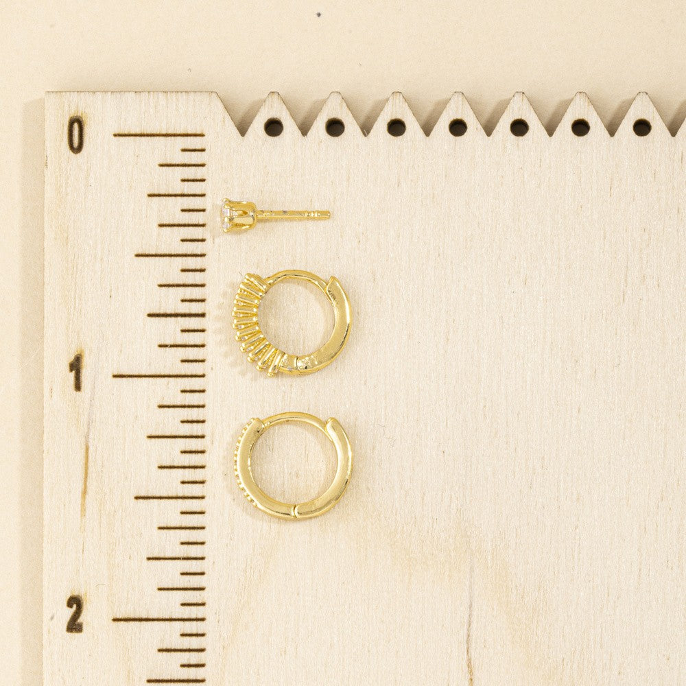 3 Pair Gold CZ Curated Ear Set — Sunburst Baguette Huggie, Milgrain Huggie & Solitaire Stud
