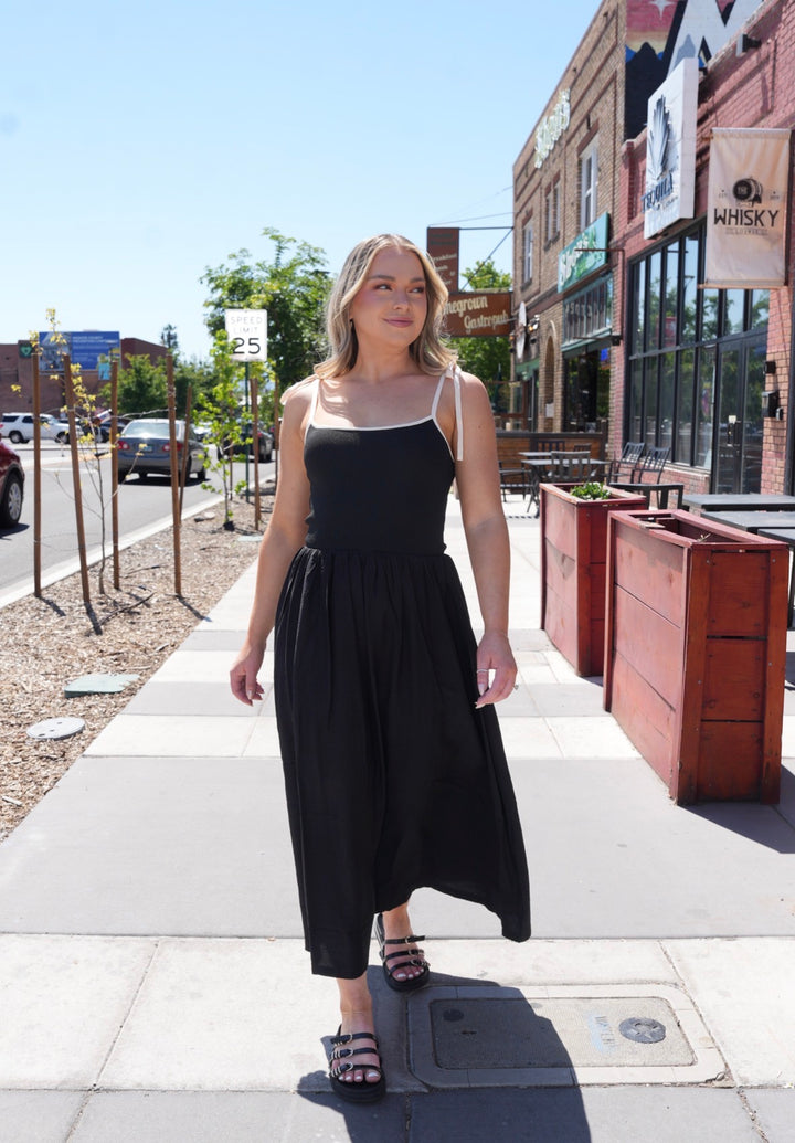 Contrast Tie Strap Knit Bodice Midi Dress