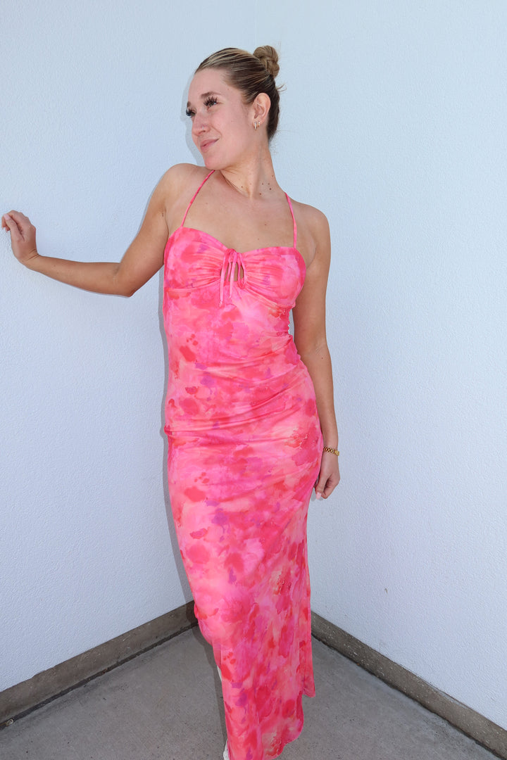 Coral Bloom Ruched Keyhole Mesh Maxi Dress