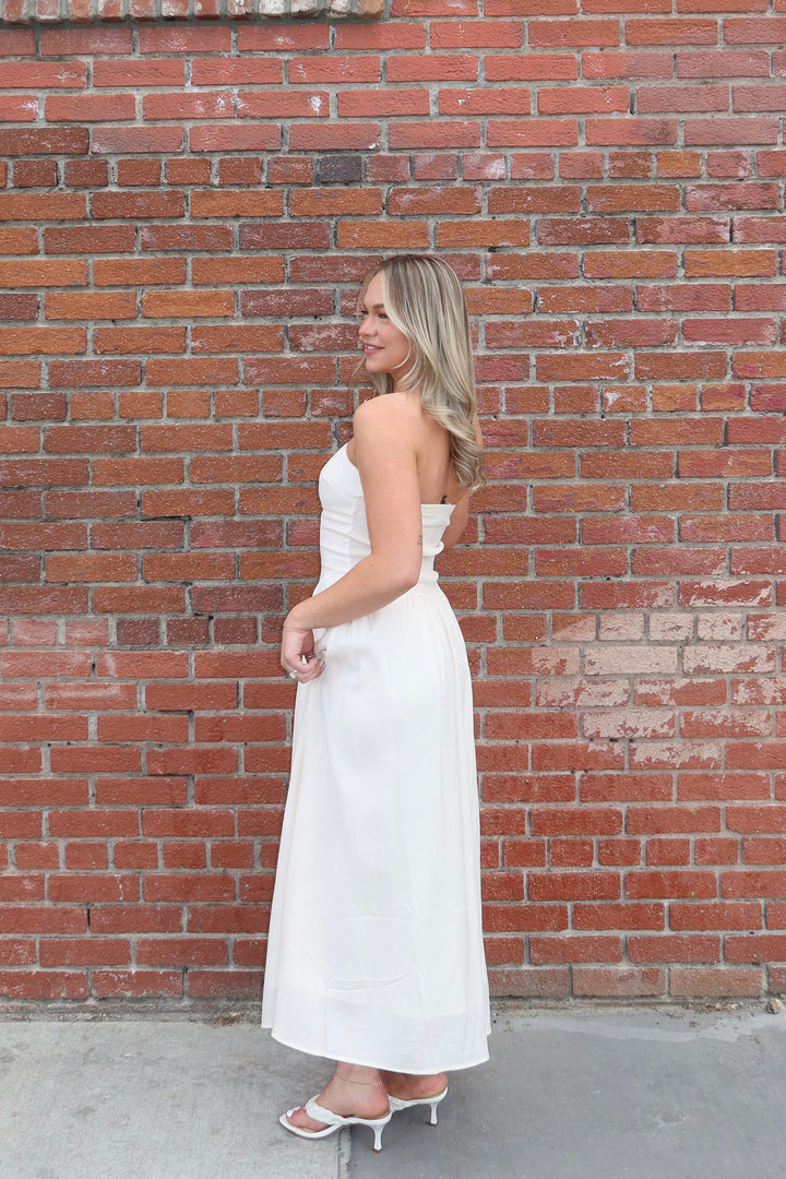 Cream Strapless Lace Trim A-Line Midi Dress