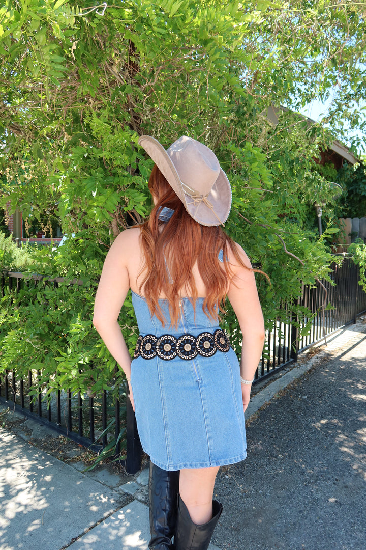 The Denim Bow Halter Mini Dress