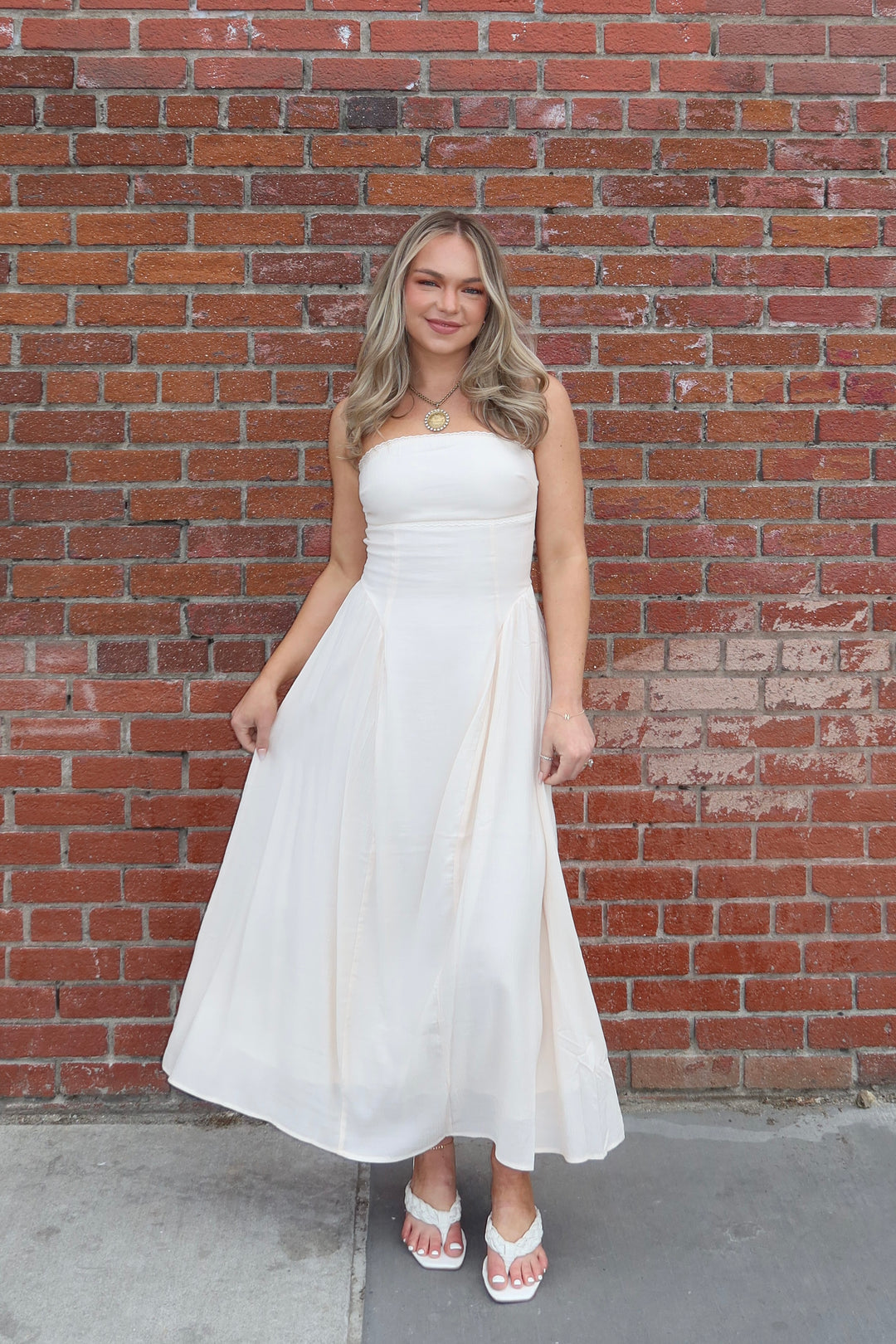 Cream Strapless Lace Trim A-Line Midi Dress