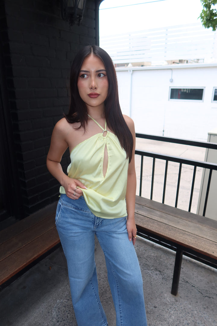 The Zenaye Cut Out Satin Halter Top — Lemon