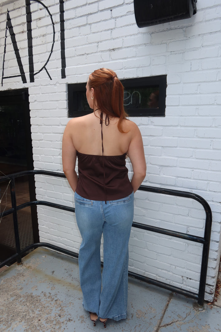 The Zenaye Cut Out Satin Halter Top — Brown
