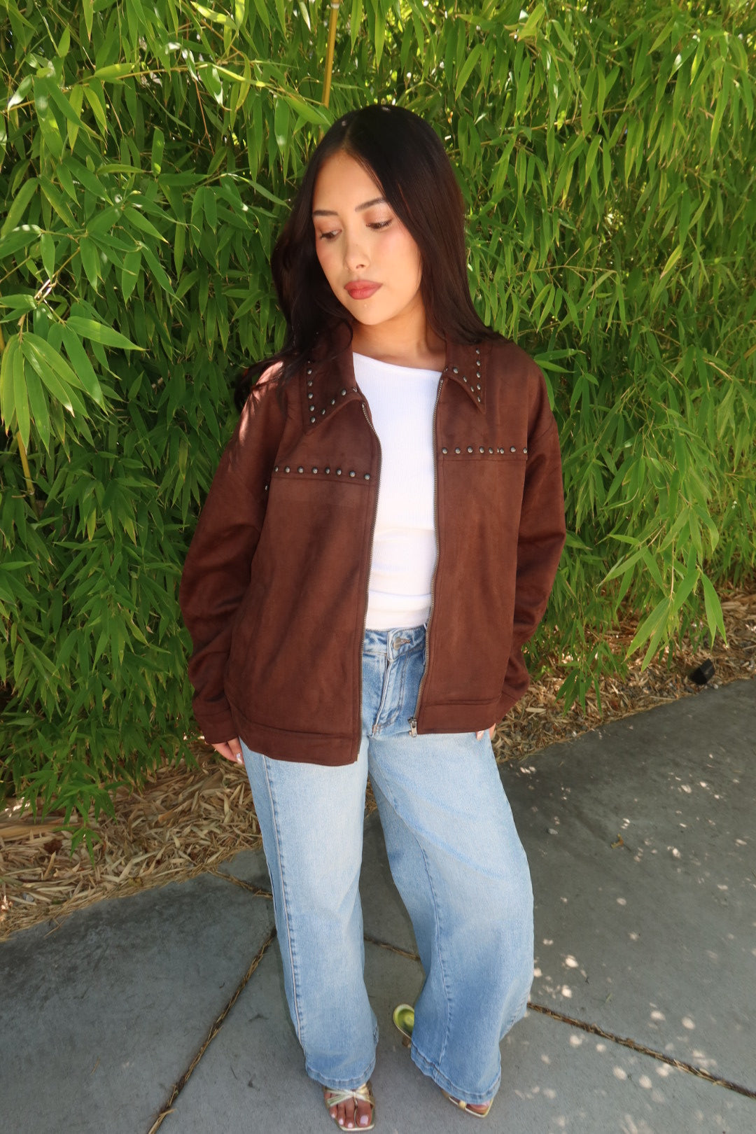 The Suzanee Studded Suede Jacket — Dark Brown