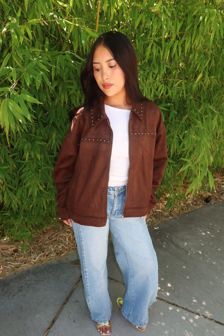 The Suzanee Studded Suede Jacket — Dark Brown