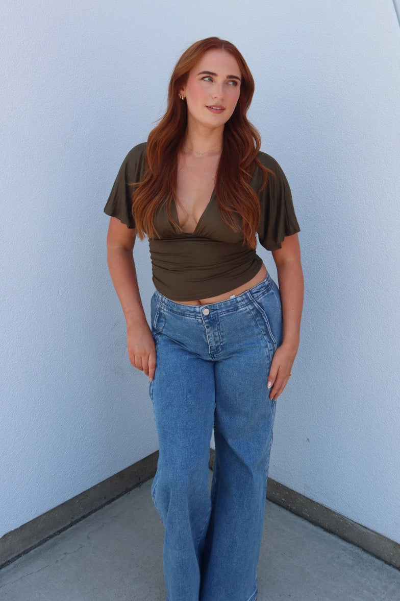 Simone Short Sleeve V-Neck Top - Olive