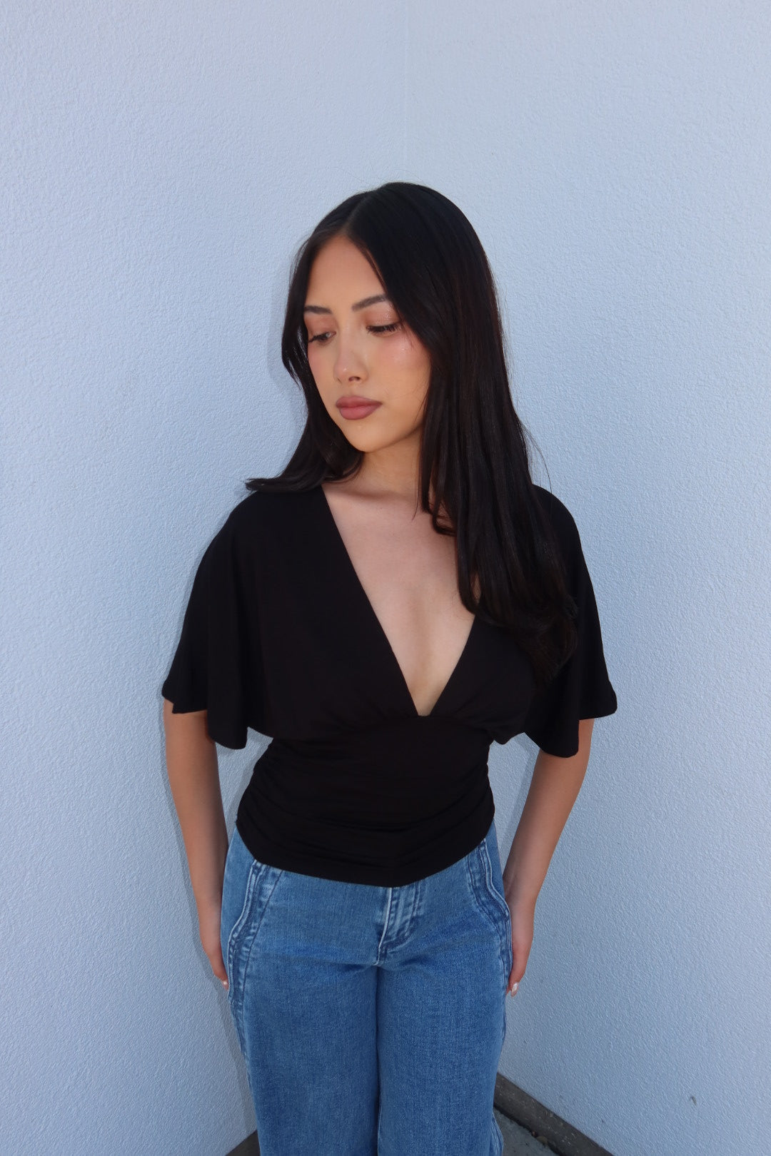 Simone Short Sleeve V-Neck Top - Black