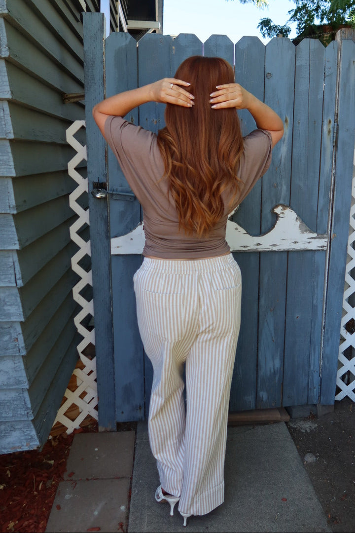 Kozetta Striped Drawstring Pants — Taupe