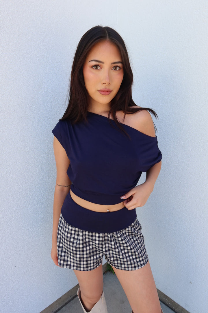Almeda Asymmetrical Off-Shoulder Top — Navy