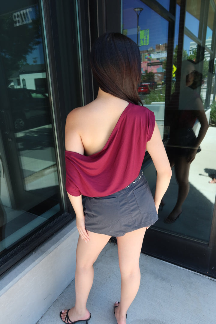 Almeda Asymmetrical Off-Shoulder Top — Burgundy