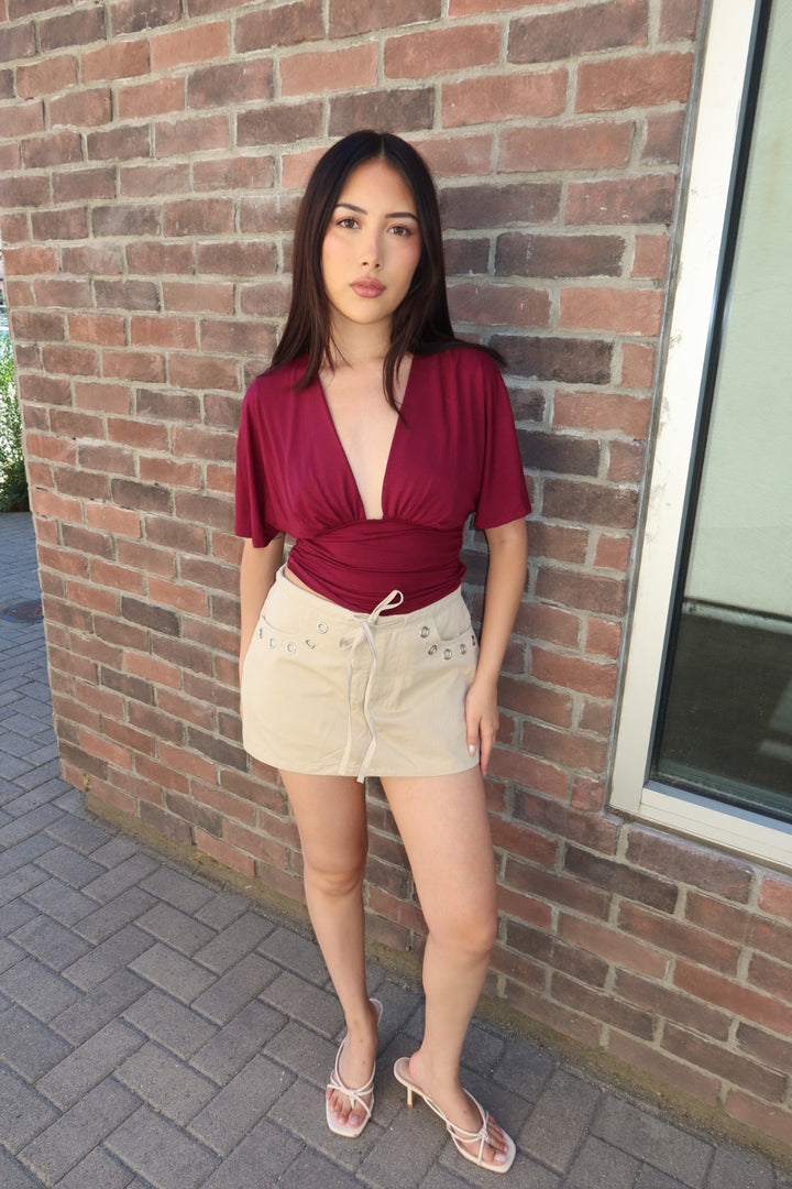 Simone Short Sleeve V-Neck Top — Burgundy
