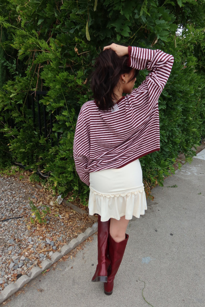 Kiera Striped Long Sleeve Cardigan — Burgundy