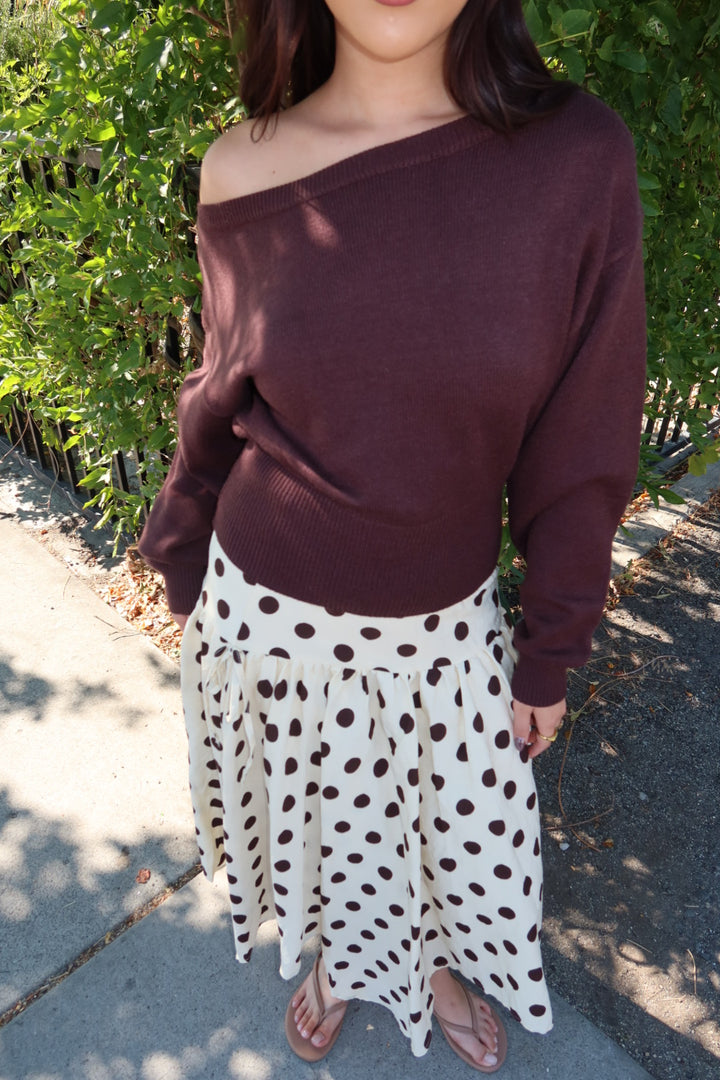 Cielo Polka Dot Drop Waist Midi Skirt