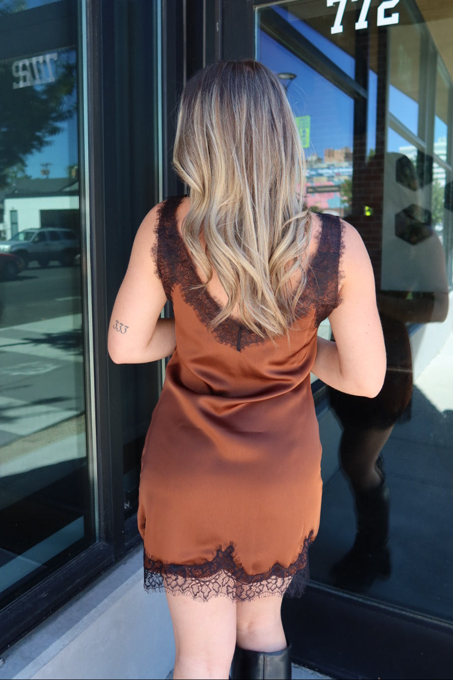 Minetto Mocha Lace Satin Slip Dress