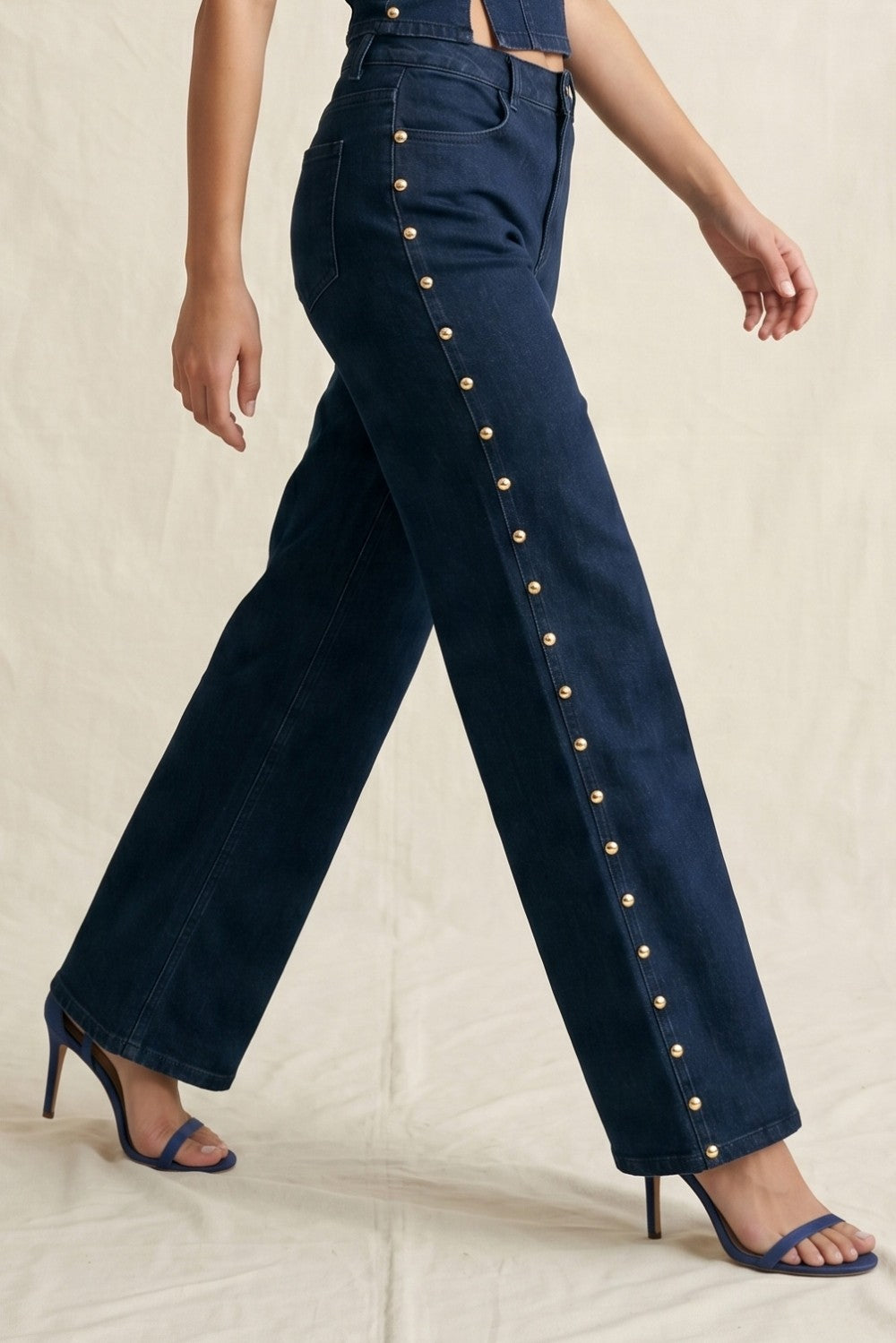 Saren Wide Leg Studded Denim Trousers