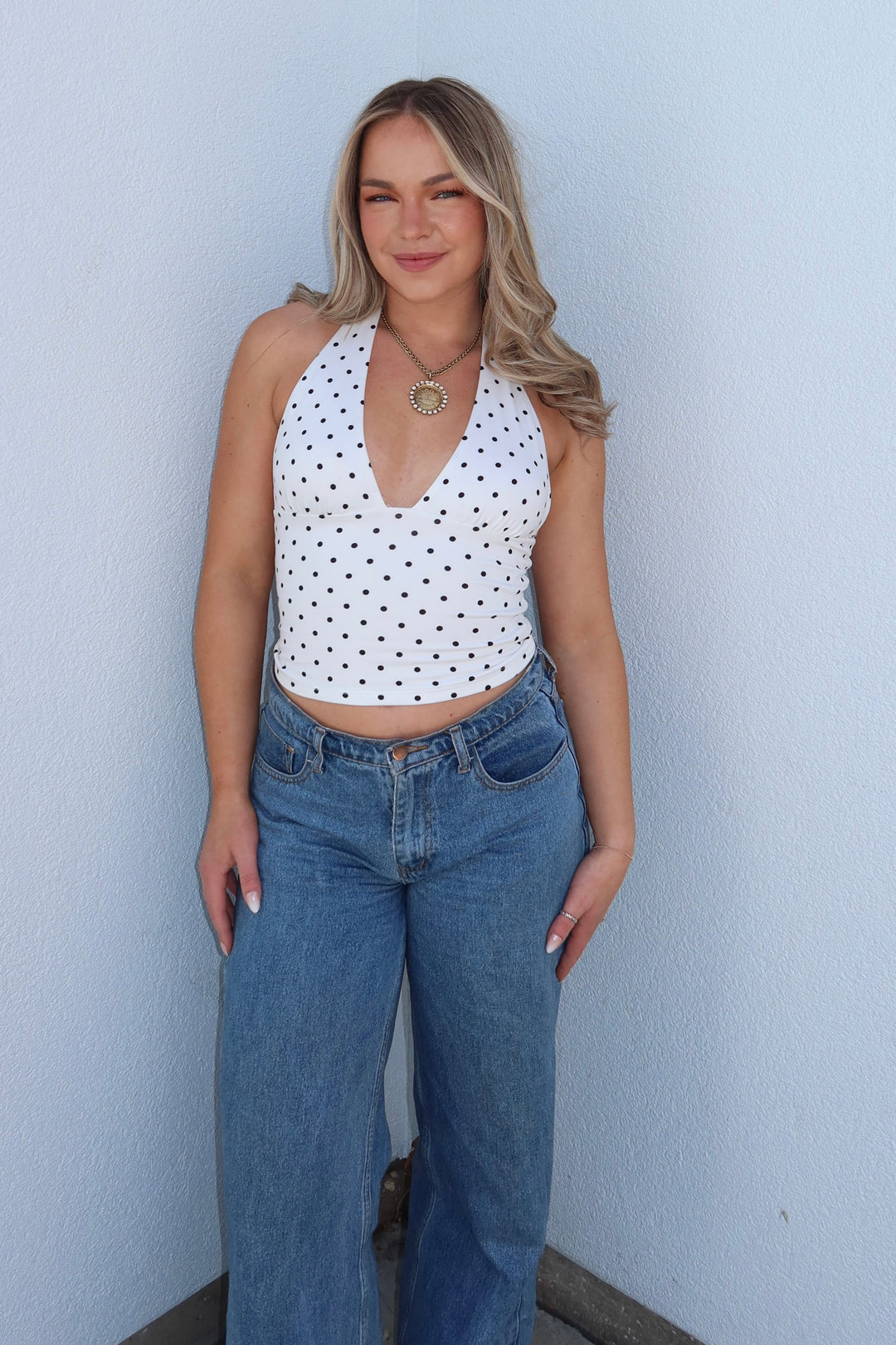 Polka Dot Deep-V Halter Crop Top