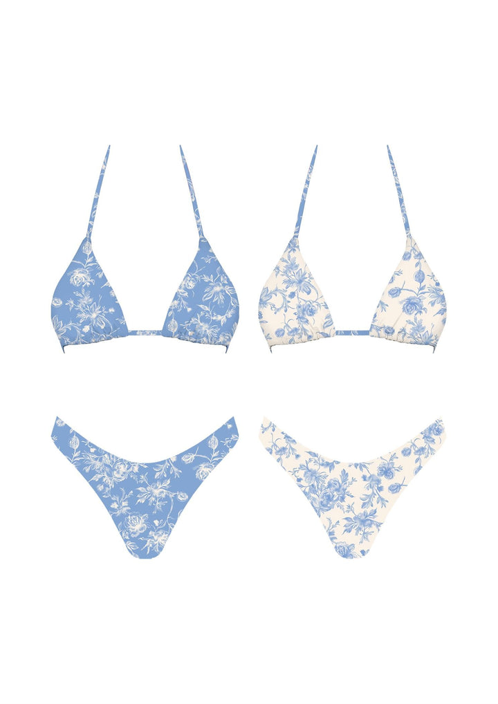 The Jane Reversible Bikini Set - Product Graphic Showing Both Colorways Side by Side — Blue Floral & White Floral Triangle Top & Bottoms