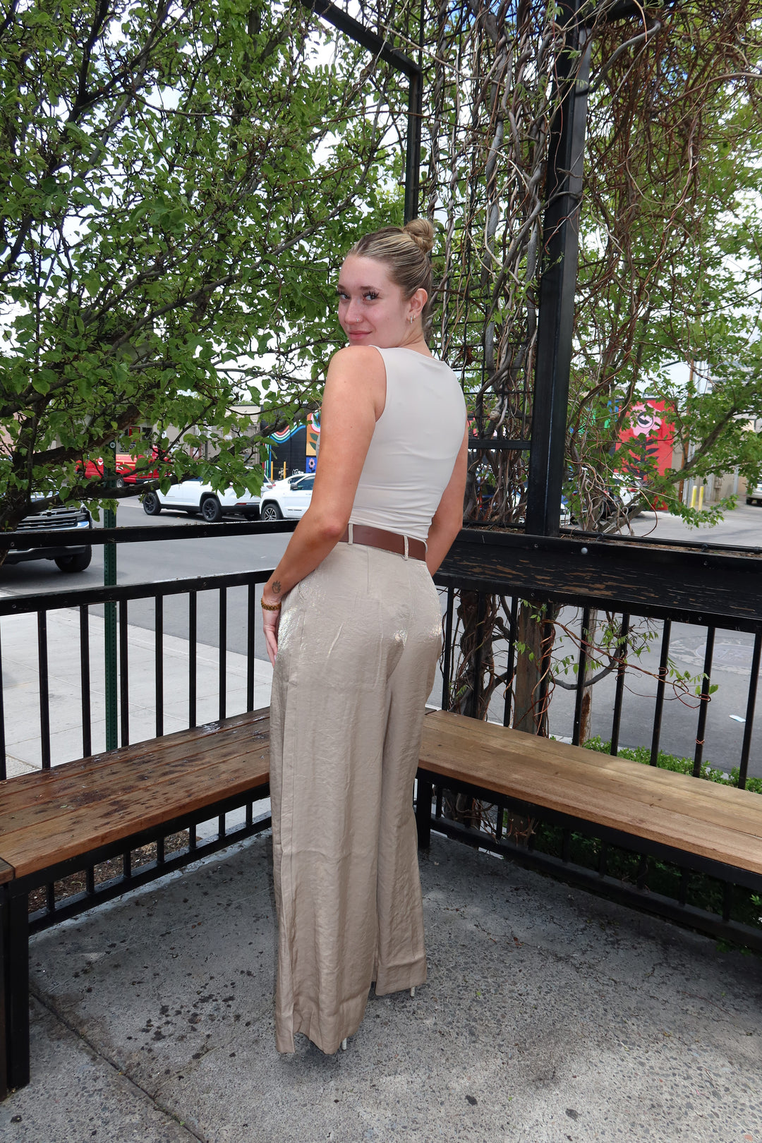 Taupe Satin Pleated Wide-Leg Pants with Belt