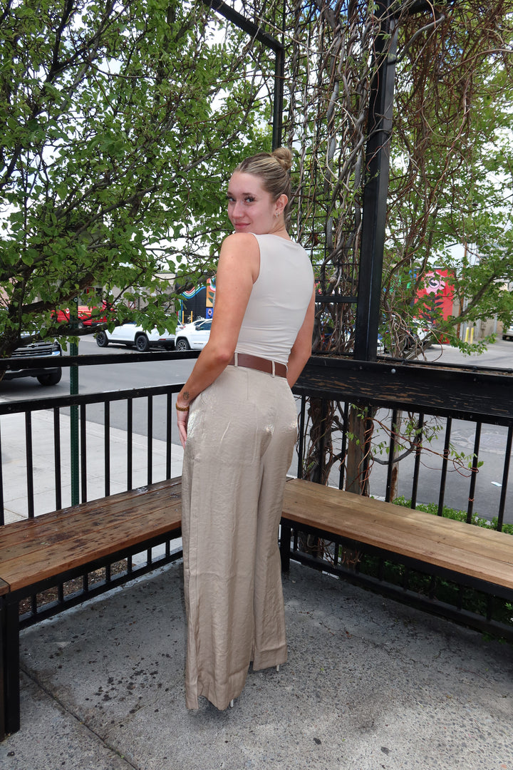 Taupe Satin Pleated Wide-Leg Pants with Belt