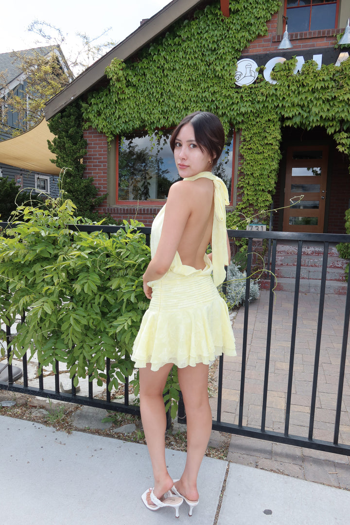 Lemon Floral Embossed Halter Open Back Mini Dress