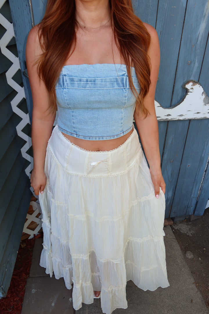 The Marina Denim Strapless Corset Top